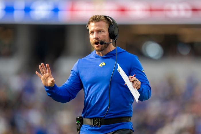 October 15, 2023; Inglewood, California, USA; Los Angeles Rams head coach Sean McVay argues with the referee during the fourth quarter against the Arizona Cardinals at SoFi Stadium. Mandatory Credit: Kyle Terada-USA TODAY Sports